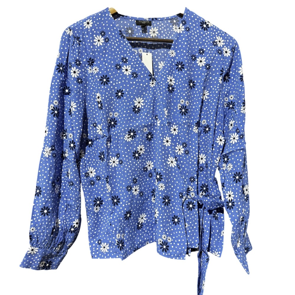Talbots Blouse Womens Large Petite Blue Floral‎ Long Sleeve Wrap Top New Viscose
